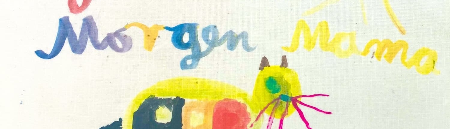 Kinderzeichnung, fröhliche Katze mit Sonne und guten Morgen-Gruß