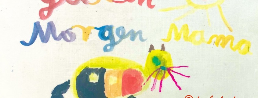 Kinderzeichnung, fröhliche Katze mit Sonne und guten Morgen-Gruß